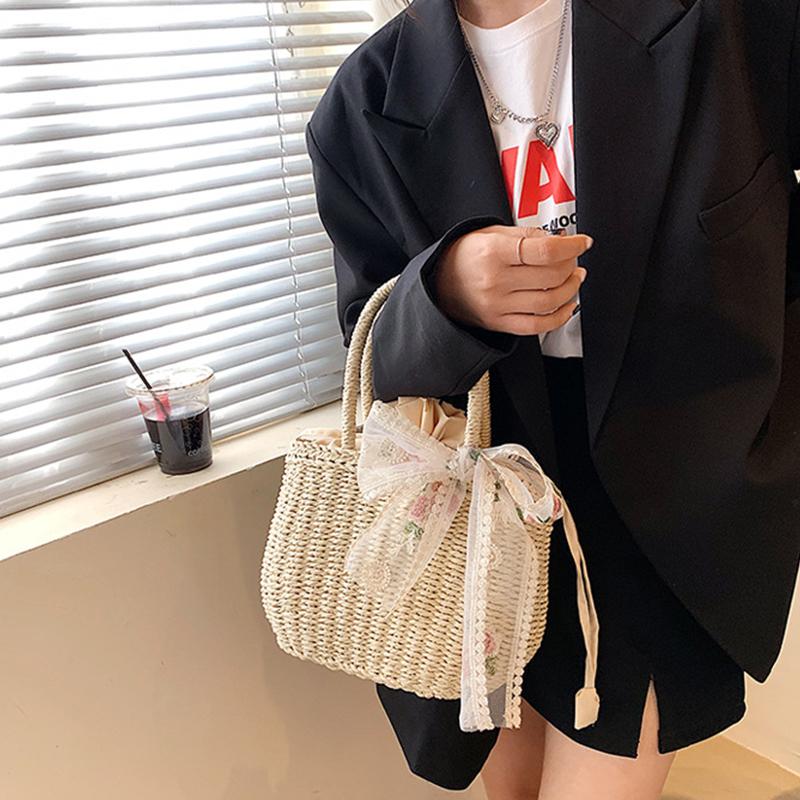 Yogodlns Summer New Lace Straw Handbag Female Large Capcacity Rattan Beach Bag Travel Vacation Bag Handmade Gilr Bucket Bag Tote