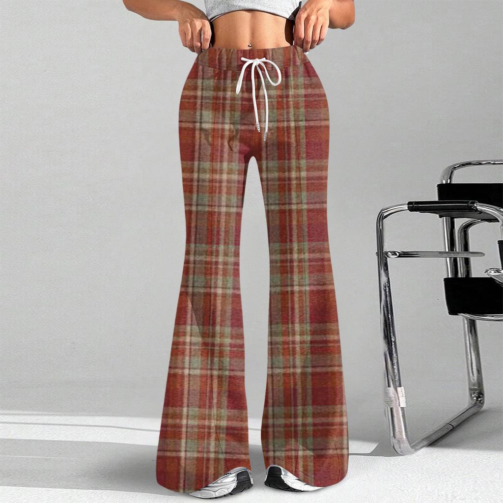 Women's Fashion Loose Drawstring Waist Plaid Printed Casual Sports Pants Casual Flared Pants