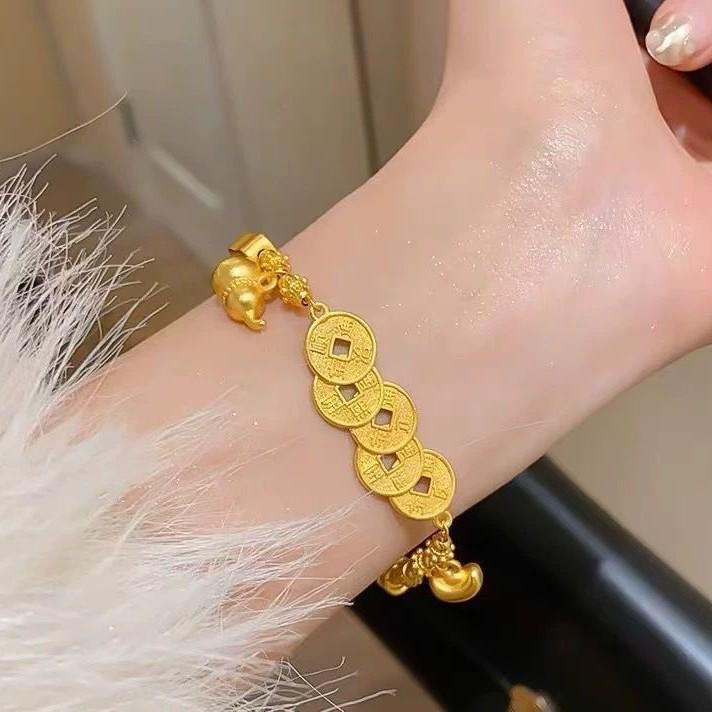 Gold-Plated Five Emperor Coins & Gourd Bracelet: Brings Wealth & Good Fortune