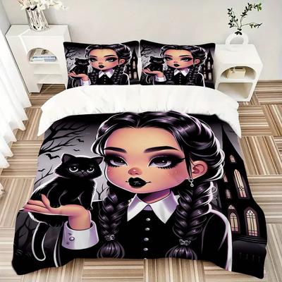 3pcs Dark Elegance Addams Printed Duvet Cover Set (1 * Cover+2 * Pillowcase, Without Core), Suitable for Home Bedroom, Guest Room, Dormitory Deco