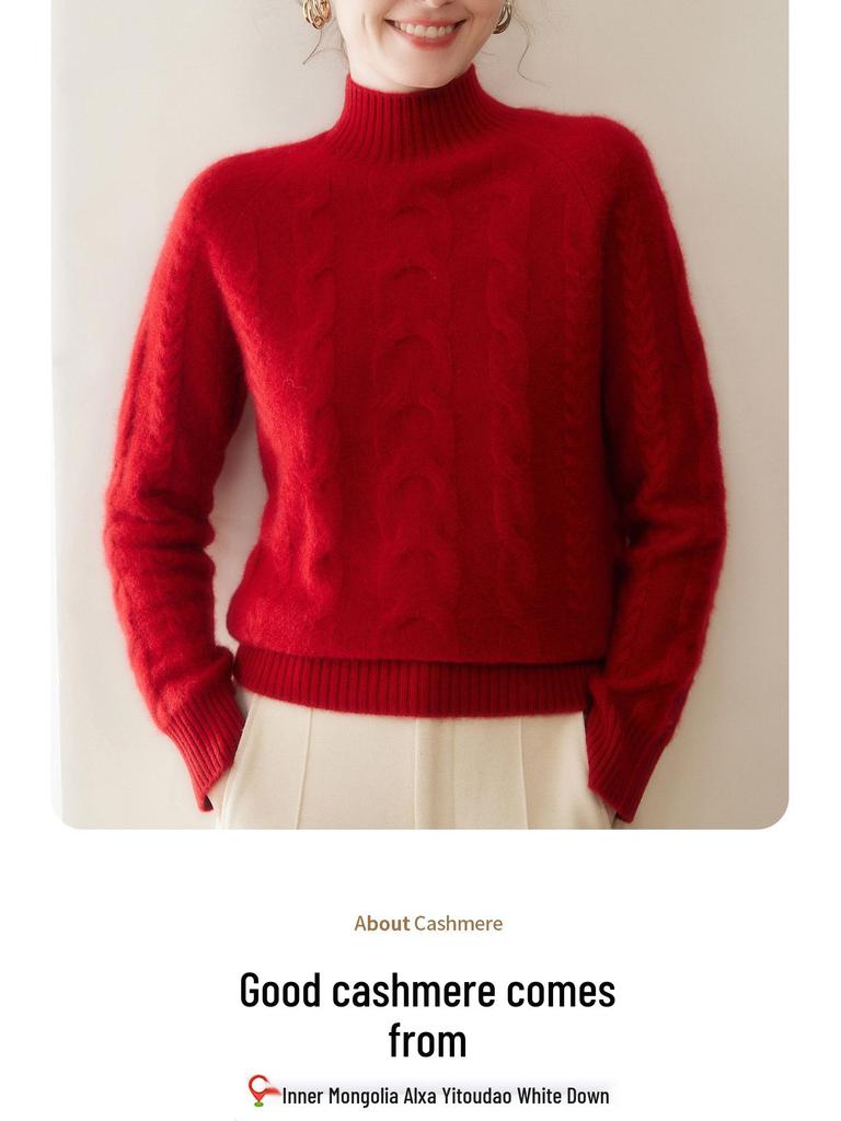 2025 Autumn/Winter Women's Half-High Neck Cable Knit Top with Raglan Sleeves - Fashionable Casual Wear