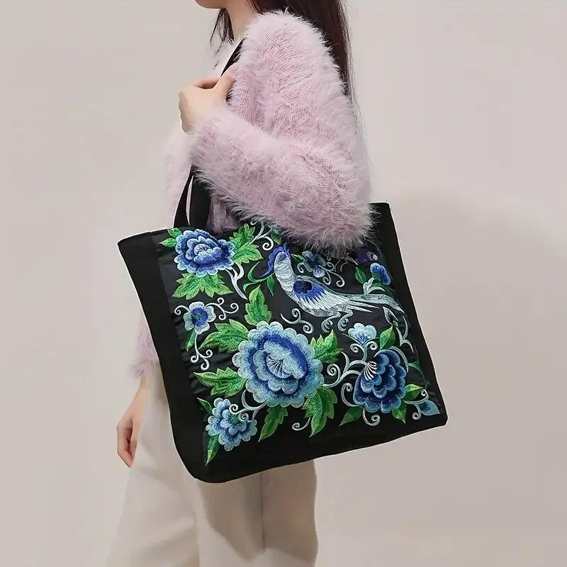 Ethnic Style Flower Embroidery Canvas Tote Bag Large Capacity Shoulder Handbag for Women