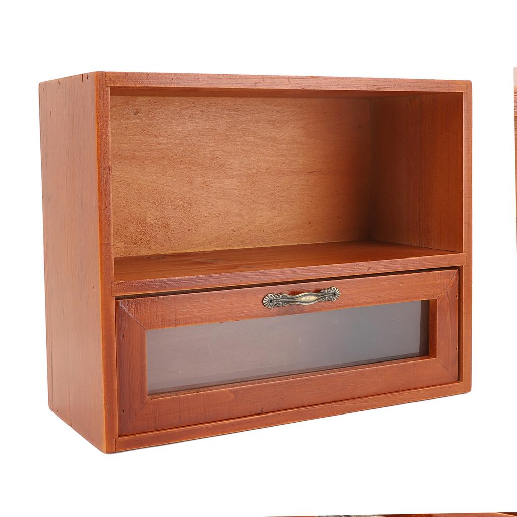 Vintage Tabletop Organizer Solid Wood Desktop Display Cabinet Storage Box with Clear Drawer for Kitchen Living Room Bedroom