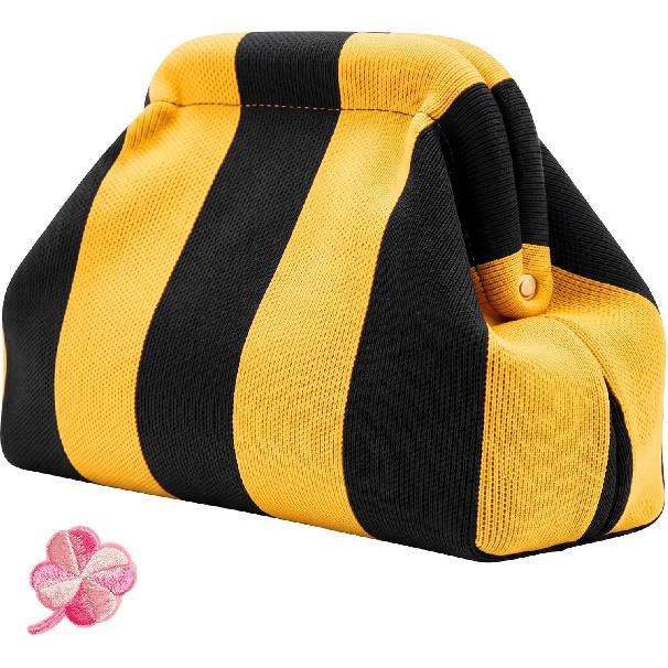Woven Clutch Purses for Women, Summer Beach Crochet Striped Dumpling Bag Evening Handbag with Romantic Lucky Clover