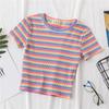 Women's Rainbow Striped Cropped Short Sleeve Top, Hyuna Style, Tight Fit, High Waist, Belly Button Show