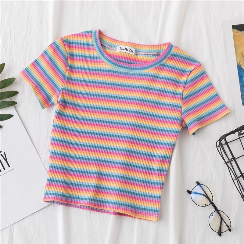 Women's Rainbow Striped Cropped Short Sleeve Top, Hyuna Style, Tight Fit, High Waist, Belly Button Show