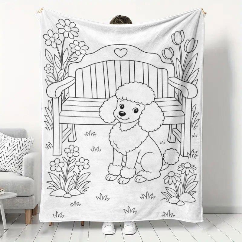 1pc Cute Poodle Pattern Flannel Blanket, Black And White Coloring Style Park Bench Puppy Print Throw, Home Decor Nap Blanket, Bedroom Living Room Sofa
