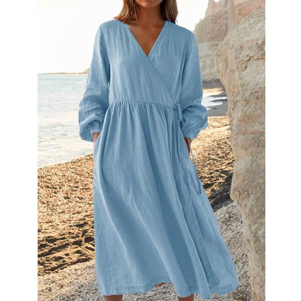 Women Summer Cotton Linen Dress Solid Color Loose Elegant Party Midi Dresses Casual Holiday Beach Dresses