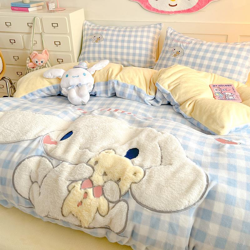 Cat Thickened Milk Fleece Four-Piece Set Cartoon Sticker Embroidered Fleece Quilt Cover Student Three-Piece Set