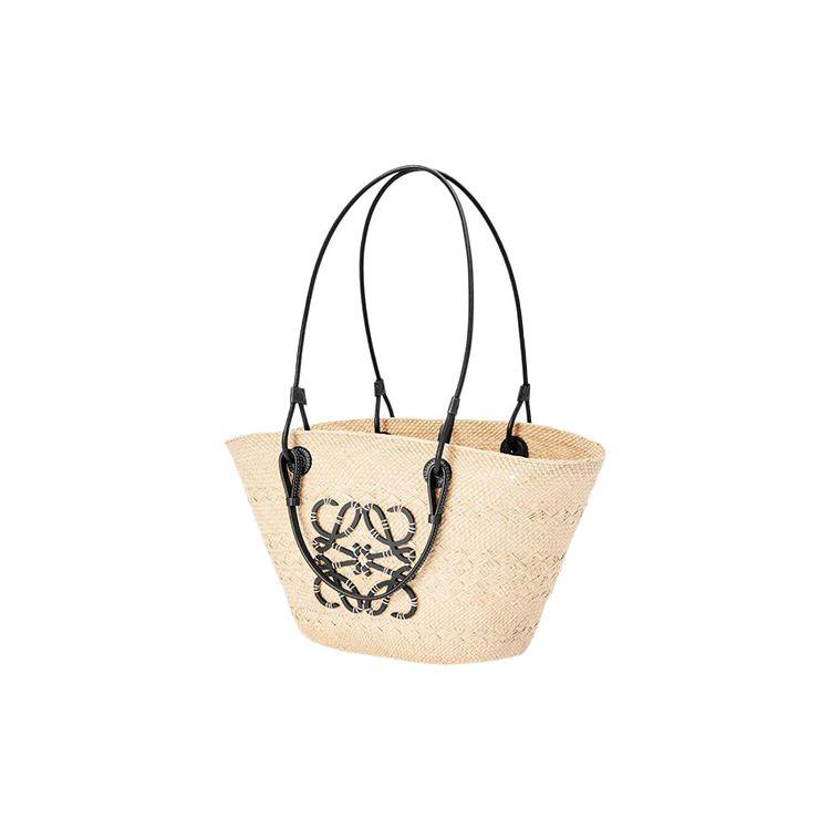 Loewe Basket Woven Resort Style Palm Fiber And Leather Tote Bag Medium Women Handbags Beige Black A223T43X02-2165