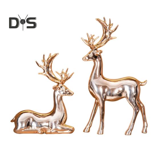 2Pcs Couple Reindeer Figurine Standing Lying Deer Statue Resin Elk Sculpture Christmas Home Office Bookshelf Desktop Decoration Ornament