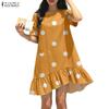 Women Casual Round Neck Short Sleeve Ruffles Hem Polka Dot Print Dress