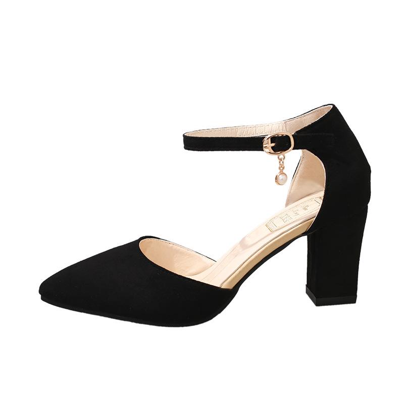 

Французские босоножки женские 2025 года, новые весенне-осенние туфли с острым носком, модные туфли в стиле феи, на толстом каблуке, с пряжкой в виде одного слова, женские туфли 34 чёрный