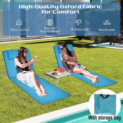 1pc Folding Lounge Chairs,  Recline Lawn Chair with Pillow & Storage Pocket for Sunbathing, Patio Chaise Lounge Lightweight Backpack Camping Chairs