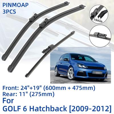 3PCS For VW GOLF 6 Hatchback 2009-2012 24" 19" 11" Front Rear Wiper Blades Windshield Windscreen Window Cutter Accessories 2009 2010 2011 2012