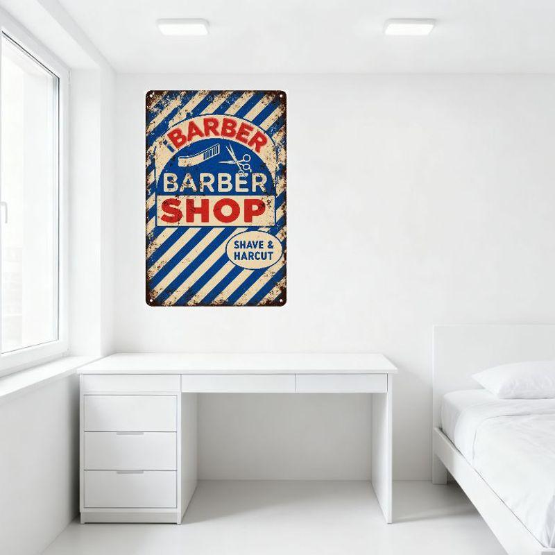 Vintage Blue & White Striped Barber Shop Metal Tin Sign with Rust Wear, Red 'BARBER' Arched Over Comb/Scissors, Shave & Haircut