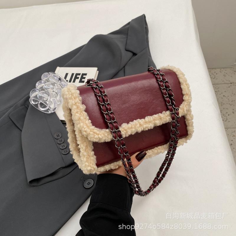 French Niche Fashion Chain Underarm Small Bag Women's 2025 New Autumn and Winter Retro Lamb Wool Splicing Messenger Bag