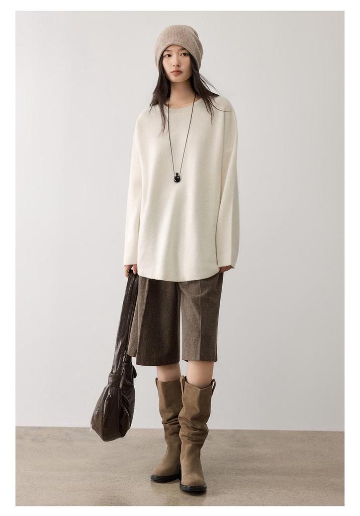Cashmere Seven-Stitch Round Neck Loose Mid-Length Split Hem Knitted Sweater