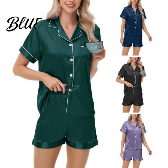 Casual Daily Wear Pajamas 2 Pcs/Set Suit Satin Single-breasted Cardigan Shirt V Neck Notch Collar