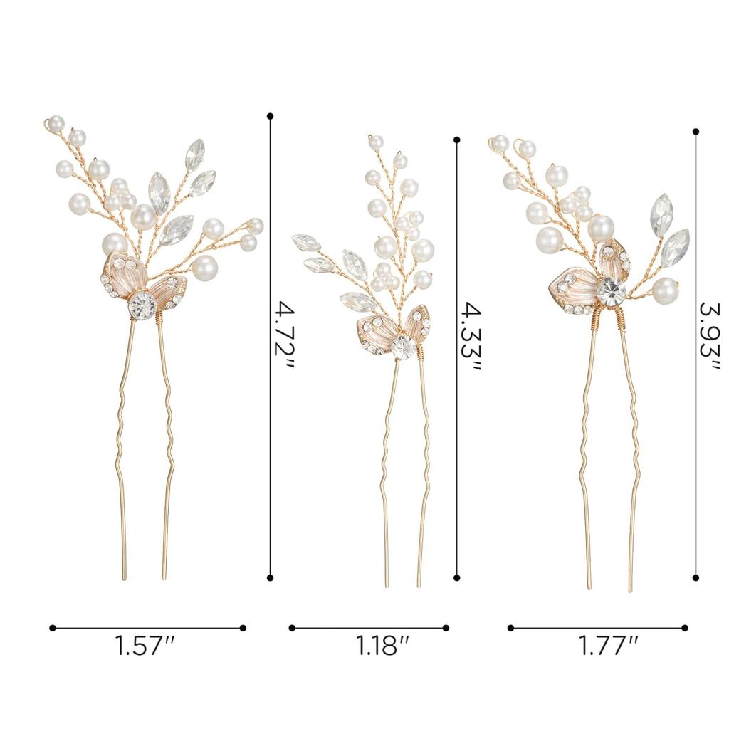 SWEETV Hair Pins, 3Pcs Bridal Hair Accessories Pearl Bride Wedding Hair Pins Leaf Bridal Head Piece Rhinestones Gold Hair Jewelry for Women and Girls