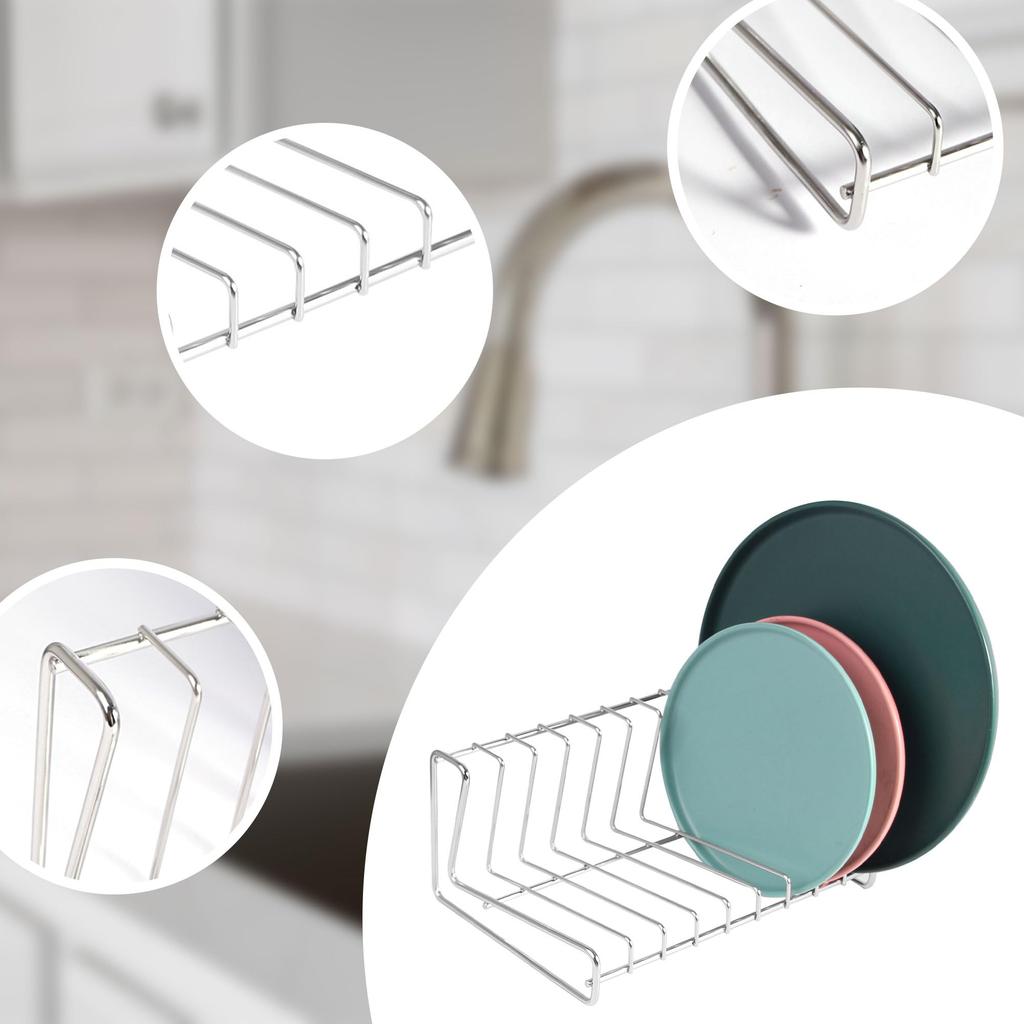 IMEEA Dish Stand, Dish Drying Rack, Plate Holder, W26×D18×H11.5cm, Plate and Pot Lid Storage Rack, Stainless Steel, 8 Compartments, Space-Saving, Silv