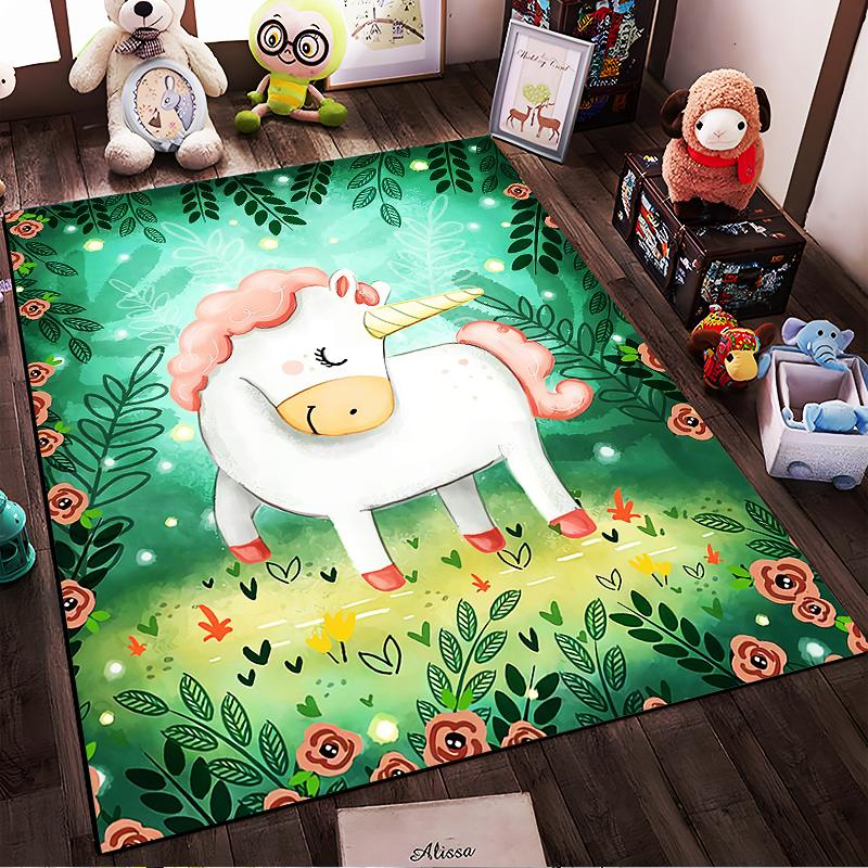 Cute Cartoon Unicorn Carpet with Green Floral Background Design Suitable for Use As an Anti-slip for Living Room Bedroom Sofas