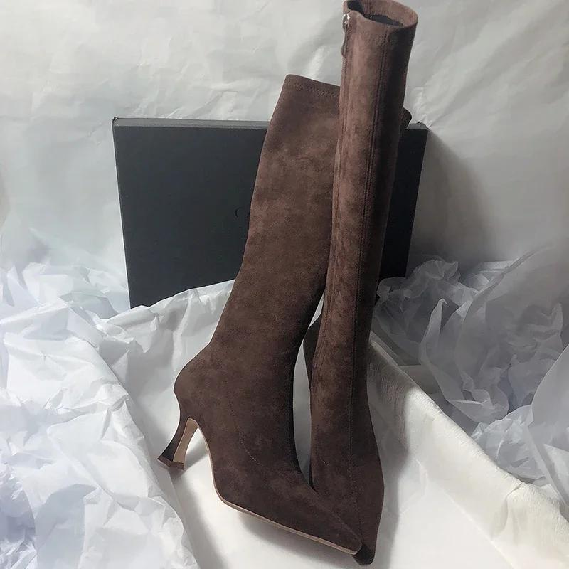 

Women Stretch Slim Modern Long Boots Pointed Toe Knee High Booties Street Style High Heels Party Stripper Female Shoes 34 коричневый