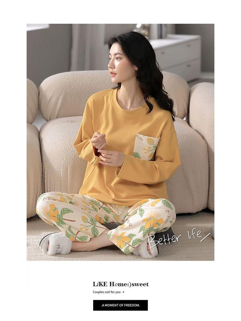 Women's Casual Long Sleeve Pajama Set with Chest Pads, Spring/Fall/Winter, Plus Size, Loose Fit, Suitable for Outdoor Wear
