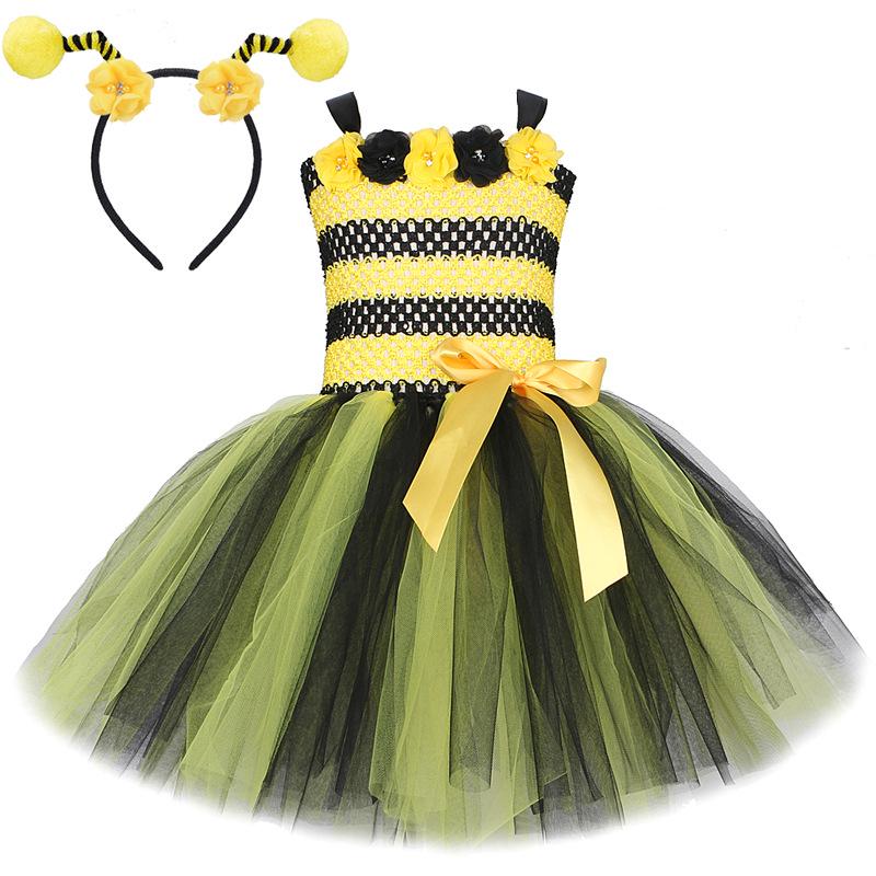 Set Costume Vestito da Principessa con Gonna Tutù in Rete Floreale e Api per Bambina