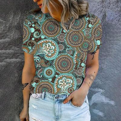 Women's T-shirt Retro Flower Pattern Print T-shirt Fashion Women's Short Sleeved T-shirt Summer Women's Leisure T-shirt