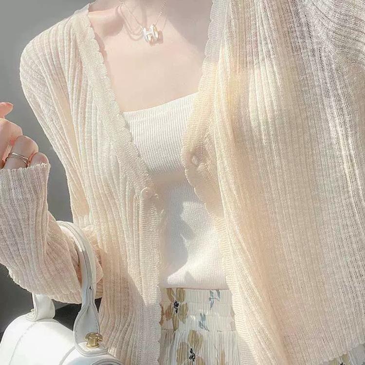 Cardigan d'été en soie glacée pour femme avec robe camisole - Châle couvrant - Veste en tricot fine et protectrice contre le soleil