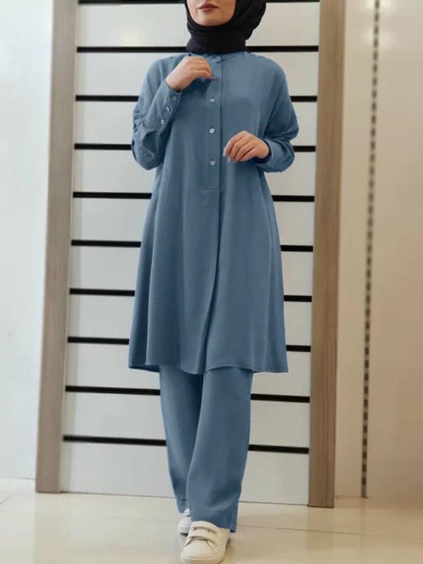 Dostępny H728# Damski muzułmański dwuczęściowy zestaw koszuli i długich spodni w jednolitym kolorze - Casualowy i luźny krój