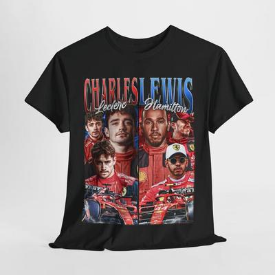 Charles Leclerc & Lewis Hamilton Zespół Ferrari F1 Vintage Collage Graficzny T-Shirt, Unisex Oversize Streetwear, Prezent dla Fana Formuły 1