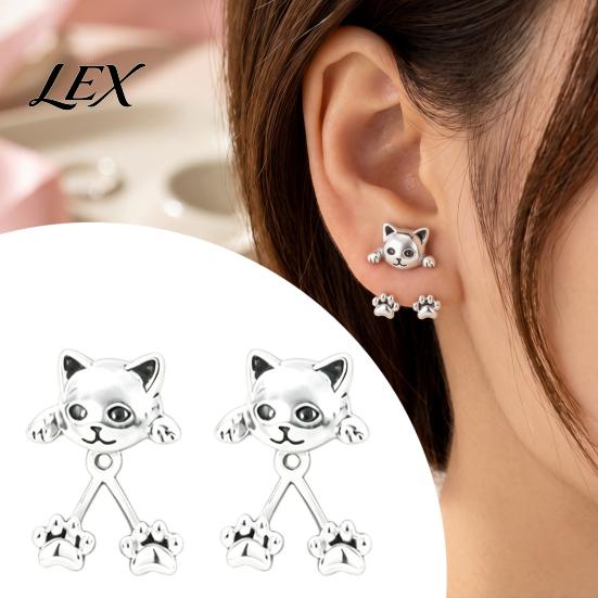 Creative Pet Themed Jewelry 1 Pair Cute Cat Paw Earrings for Women, Vintage Front Back Stud Earrings, Small Kitten Gift Lovers Silver Tone Studs