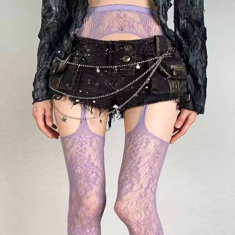 Personality Print Fishnet Stockings Women Sexy Lace Hollow Out Thigh High Socks Gothic Lolita Japanese Over The Knee Long Sock