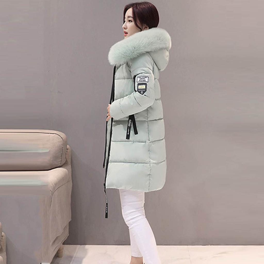 Women's Fashion Big Hair Collar Slim Waist Long Down Cotton Jacket Cotton Coat
