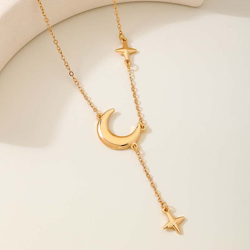 Fashion Gold Silver Color Star Moon Pendant Necklace For Women Simple Metal Long Tassel Cross Chain Necklace Jewelry
