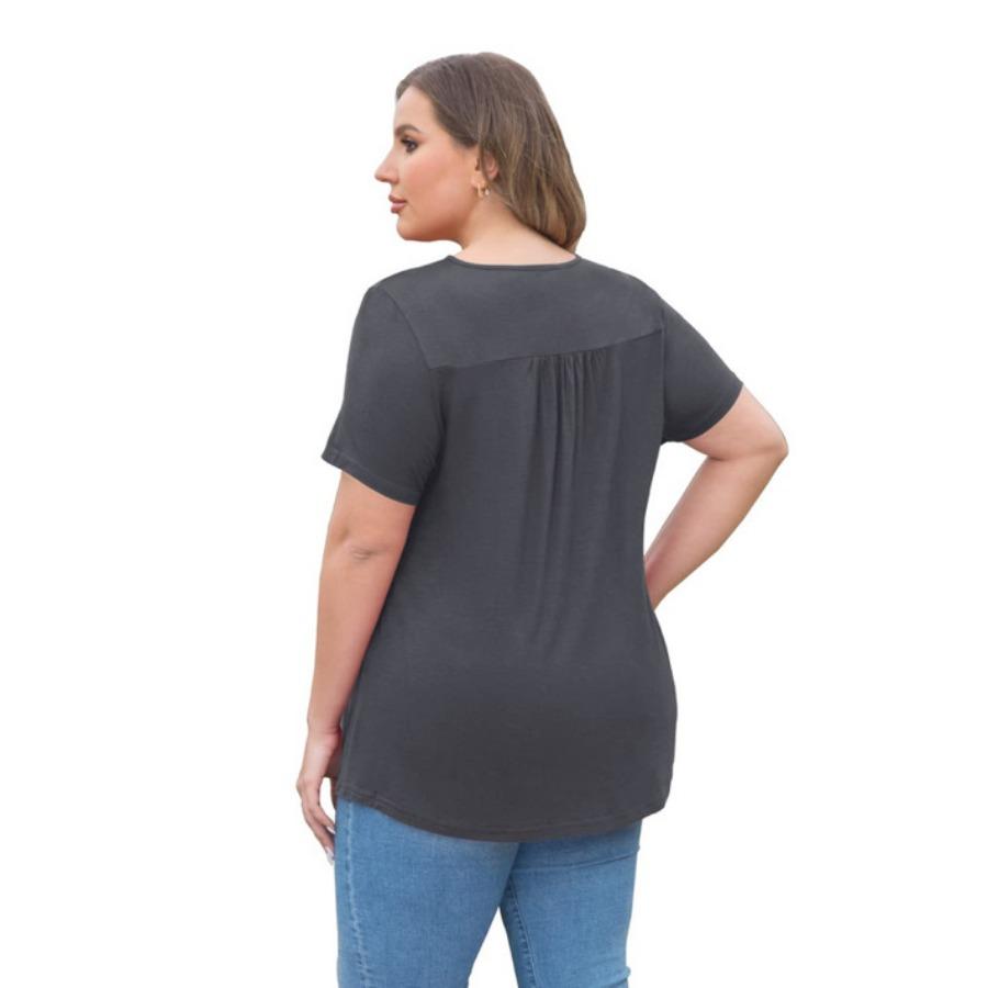 Short Sleeve Lace Hallow Out Patchwork Pleated A Line Casual T Shirt for Summer Women Plus Size Top