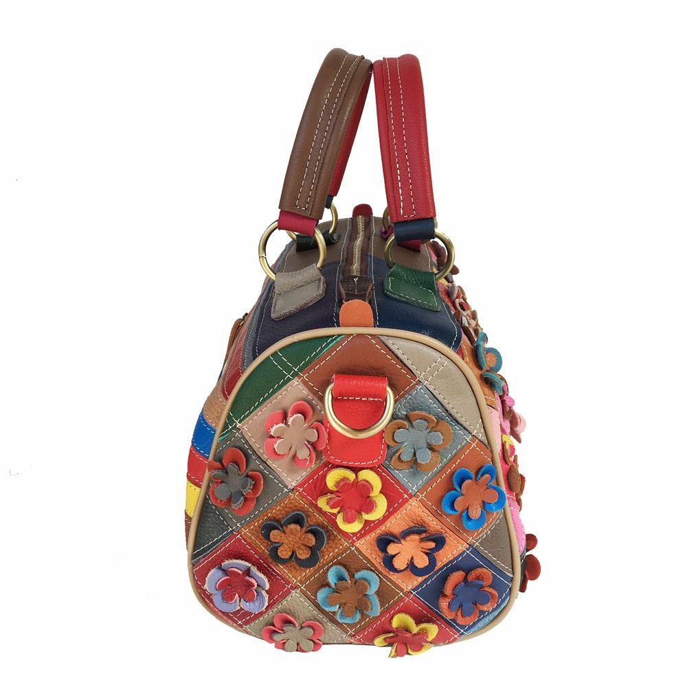 Damentasche Rindsleder Tragbare Umhängetasche Rhombus Splicing Flower Ledertasche