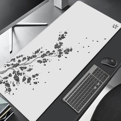 White Sakura Mouse Pad Japan Cherry Blossom Deskmat Black Table Mat Mousepad Gamer Carpet Gaming Keyboard Mouse Mats Accessories
