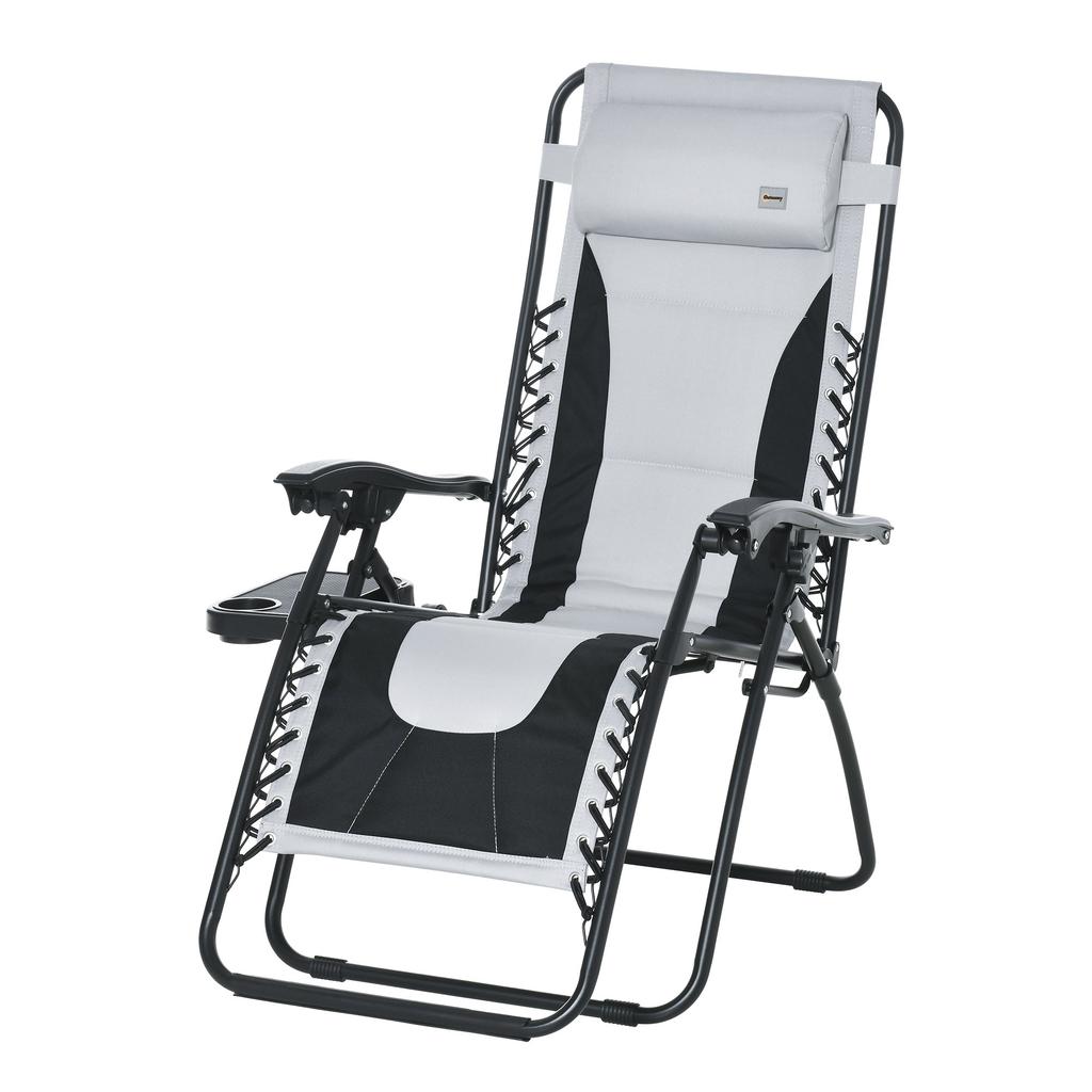 Zero Gravity Lounger Chair, Folding Reclining Patio Chair with Padded Seat, Cup Holder, Soft Cushion and Headrest for Poolside, Camping, Light Grey