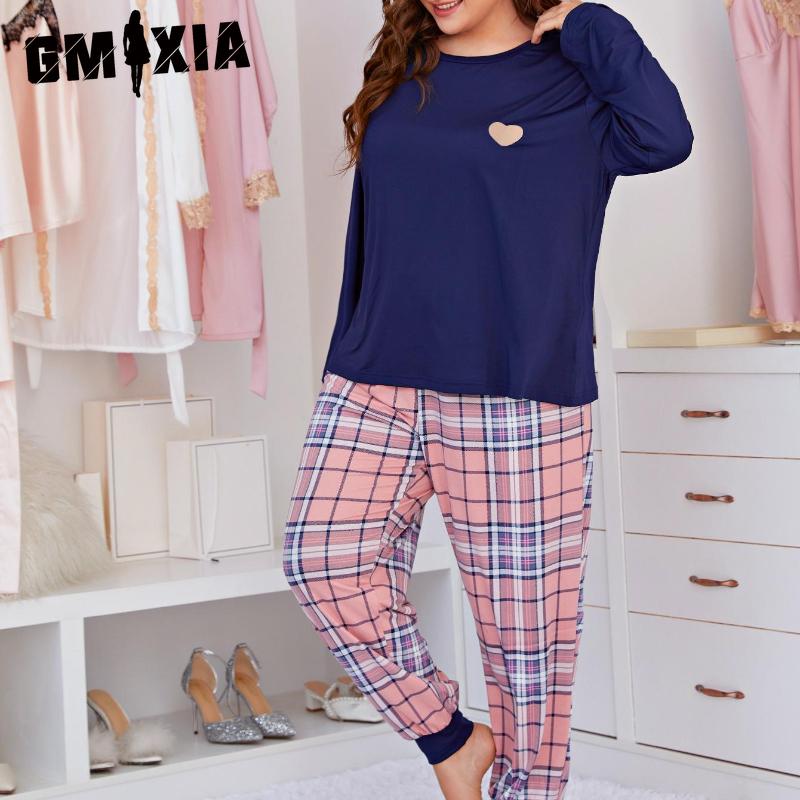 GMXIA Women's Pajamas Printed Large Size Long Sleeve Two Piece Homewear Set