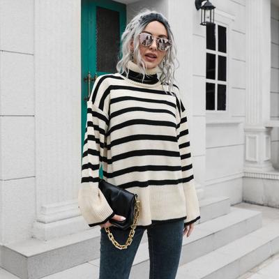 Autumn and Winter Women's Sweater Striped Side Split High Neck Mid-Length Loose Casual Comfortable Sweater