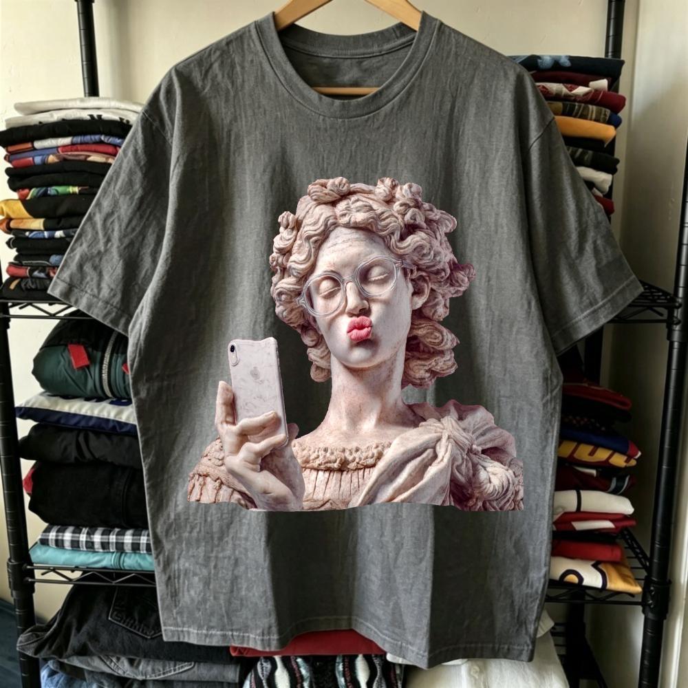 Artistic Statue Selfie Glasses Graphic White Tshirt Unisex Casual Top Creative Print Short Sleeve Tee Aesthetic Streetwear Style