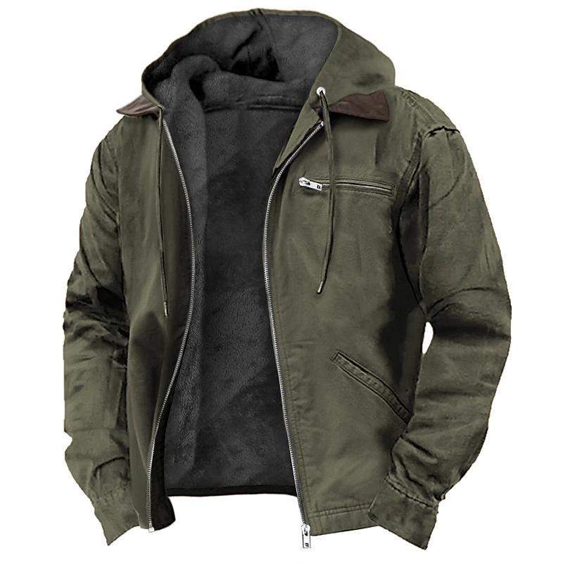 Men's Solid Color Hooded Cotton Jacket with Zipper Pockets and Plus Velvet Lining