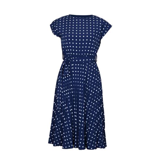Women Polka Dot Print Midi Dress Crewneck Short Sleeve A-line Dress with Belt Summer