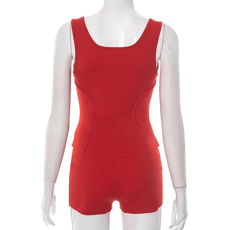 Europäisches & Amerikanisches Mode Schlankes Ärmelloses Reißverschluss Tanktop mit Eng Anliegendem Shorts Set