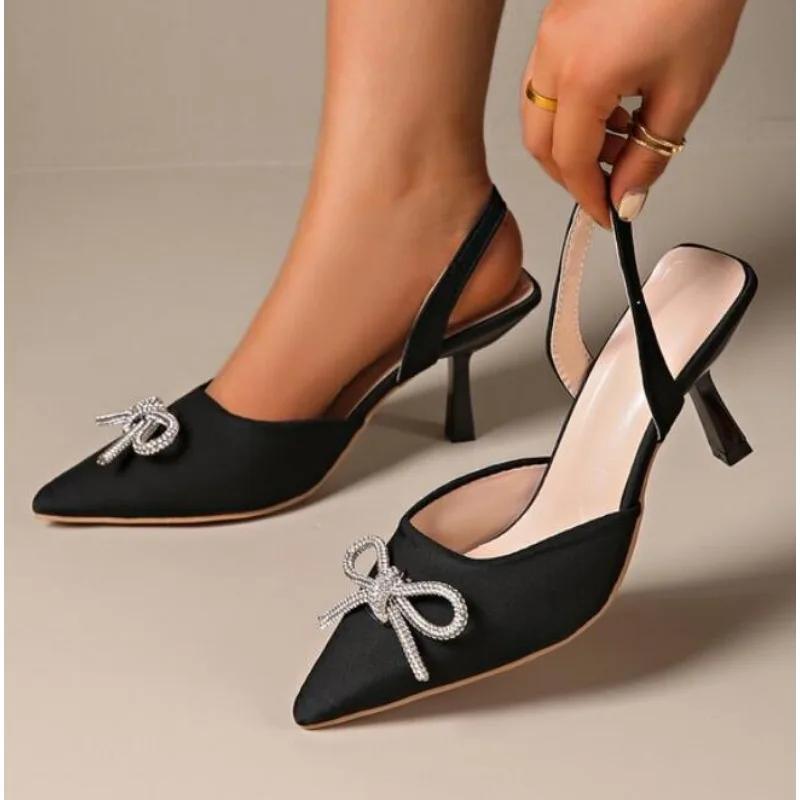 Butterfly-knot Design Women's High Heels Rhinestone Sexy Pointed Stiletto Transparent Wedding Women's Hollow Dress Party Shoes