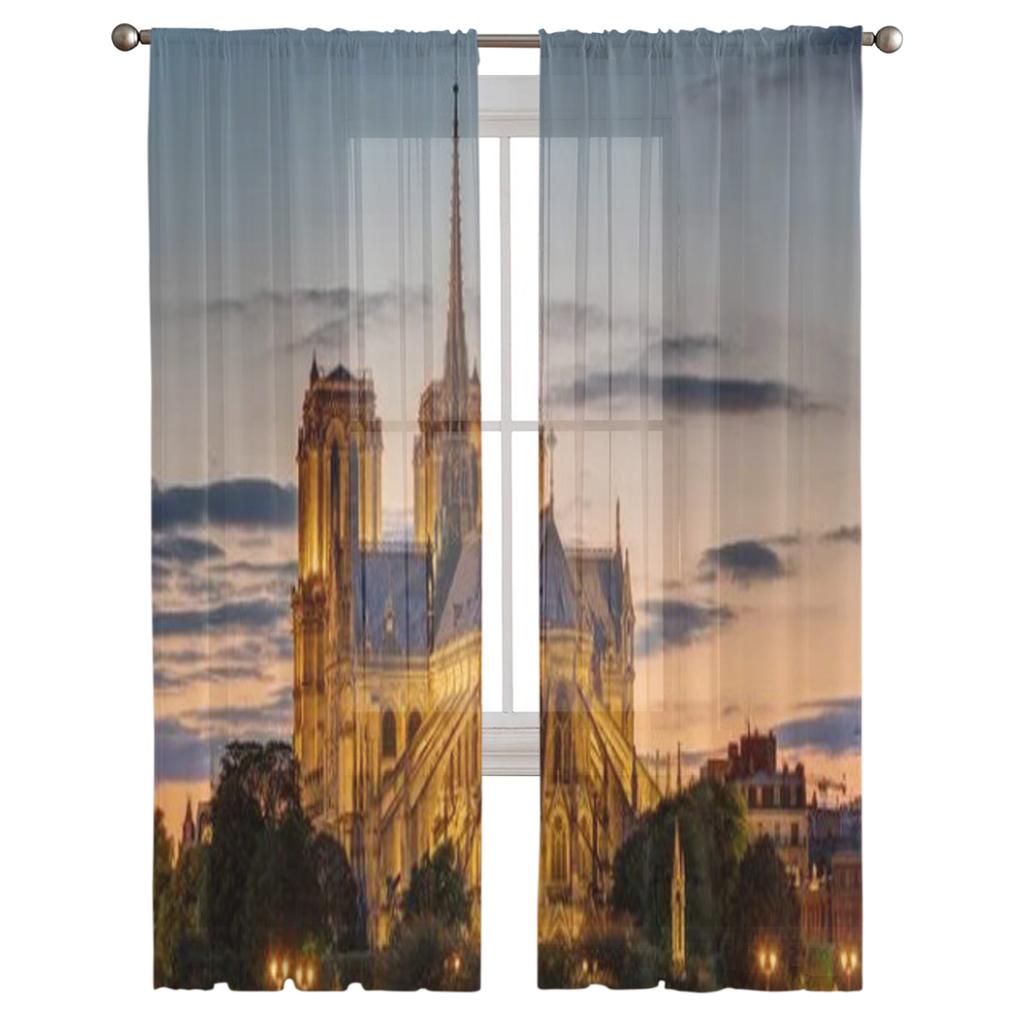 Famous Notre Dame Cathedral In Paris At Dawn Chiffon Sheer Curtains for Living Room Bedroom Decor Window Voiles Tulle Curtain