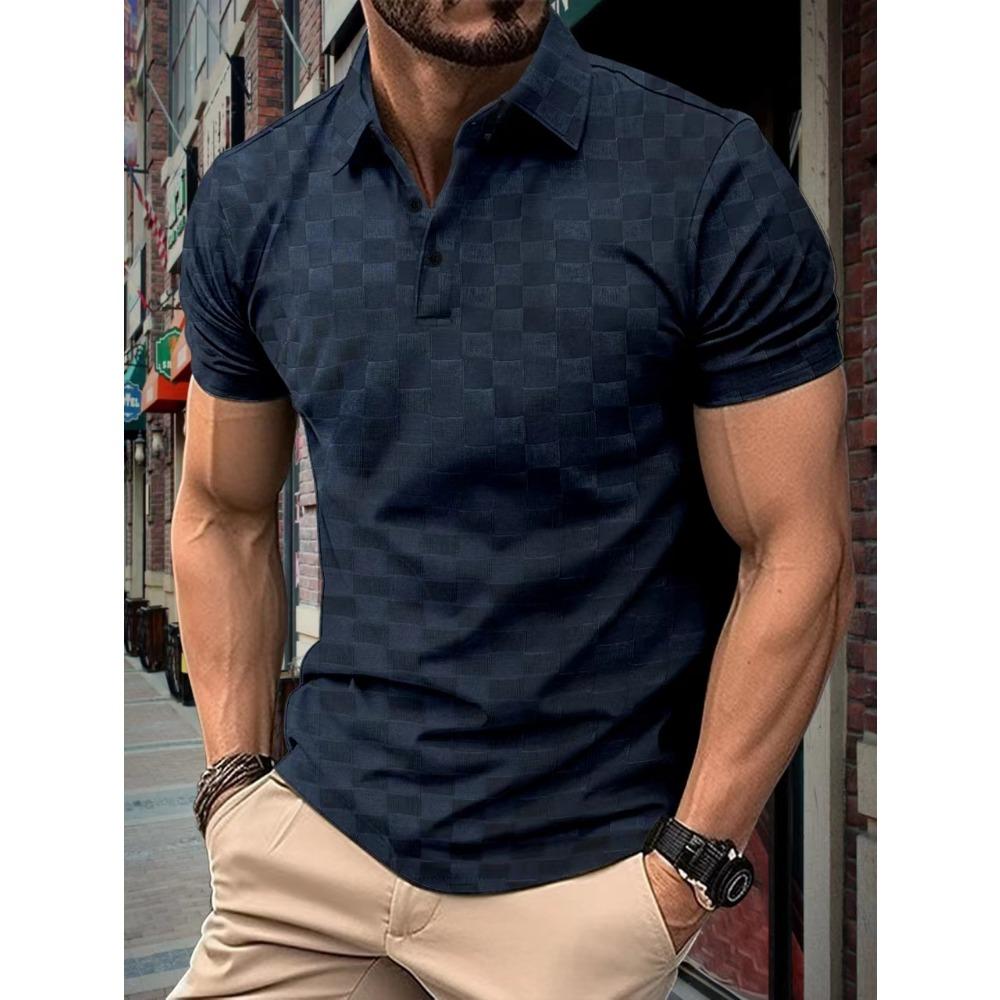 

Летняя мужская повседневная клетчатая рубашка-поло с коротким рукавом L тёмно-синий